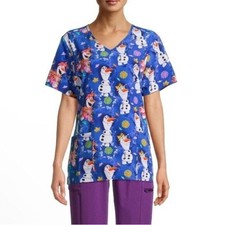 Disney "Olaf Flakes" Women's V-Neck Print Medical Scrub Top Size Medium