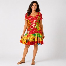 Jams World Floral Hawaiian Dress Womens L Tropical Colorful Pleated Vintage 90s