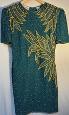 Vintage 80s Beaded Sequin Silk Dress Green Gold Art Deco Cocktail Glam M