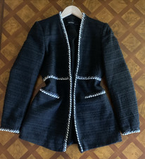 ZARA Black Tweed Boucle Blazer White Cable Trim Office Siren Marked M Fits PS