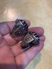 Two Hand Made Tibetan Silver Inlay Dragon Vein Agate Dzi Tiger Teeth Bead Rings
