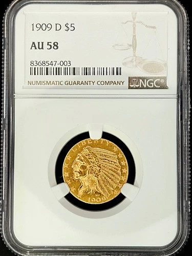 NGC AU58 1909-D Indian $5 Gold Eagle 0.2419 Oz Gold US Coin 8368547-003