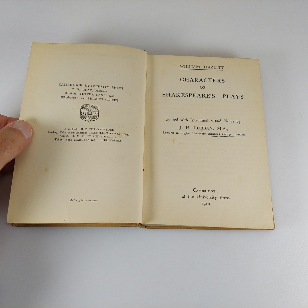 Characters of Shakespeares Plays William Hazlitt 1915 Cambridge University Press