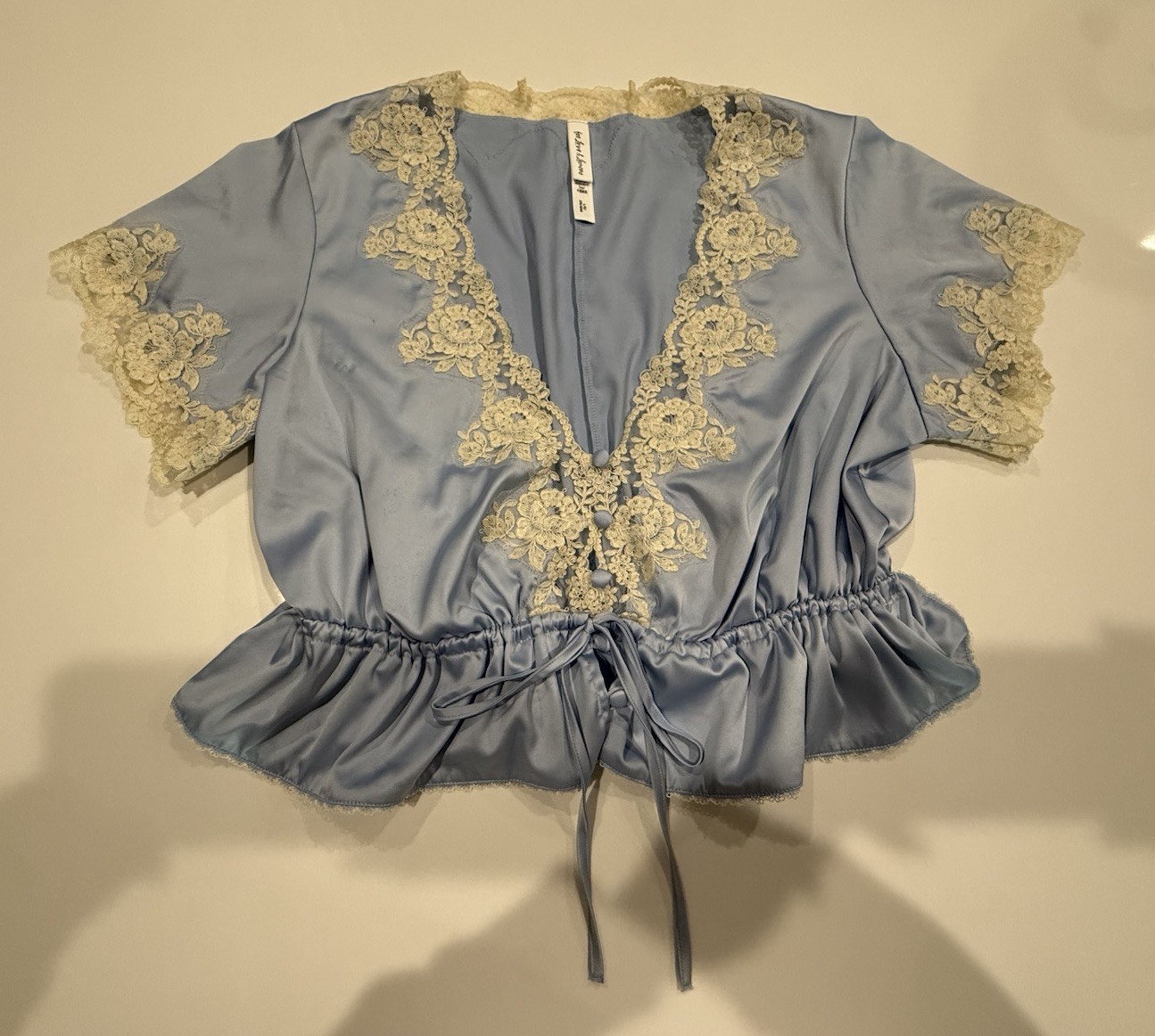 For Love & Lemons Blue Satin Lace Blouse Adjustable Drawstring Waist Size L