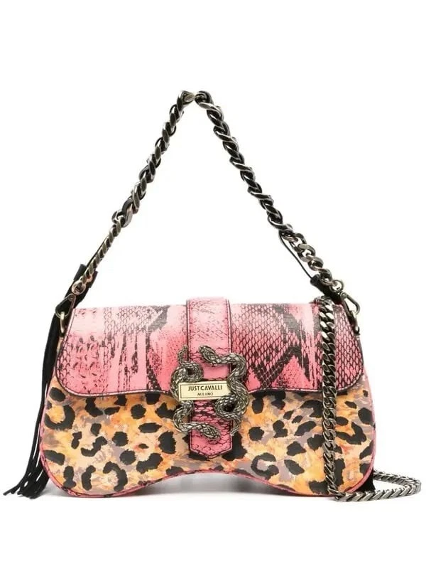 Just Cavalli Pink Leopard Snake Bag Suede Tassels Chain Shoulder Purse - Image 2 of 4