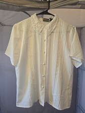 Vtg Laura Scott Blouse Pleated White Size 8 Buttons lace short sleeve
