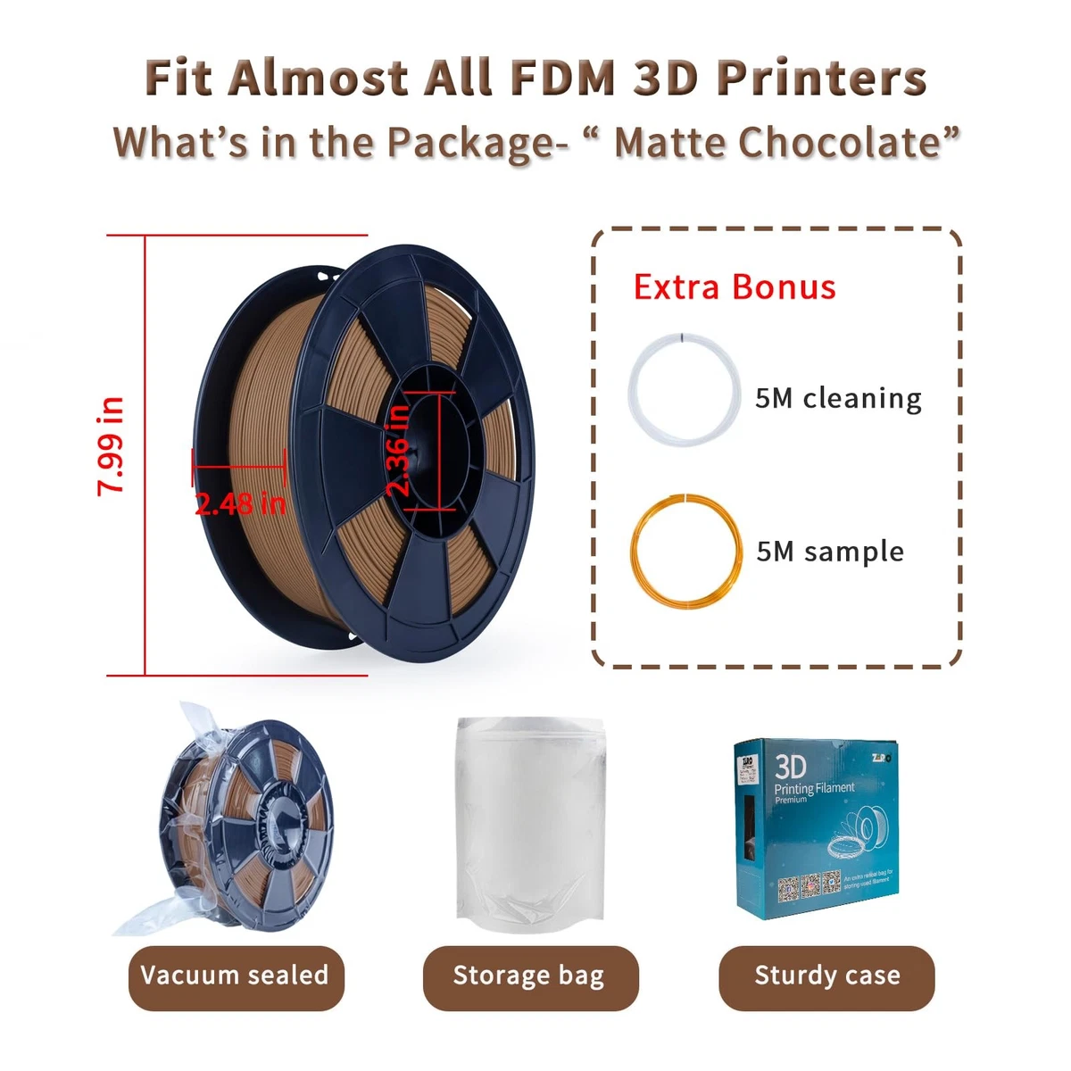 Filament PLA Mat 1.75mm pour Imprimante 3D 1 kg Chocolat Acide Polylactique