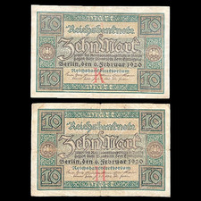 2x 1920 Germany 10 Mark post WWI WW1 Banknote Money Kaiser Pre Hitler Nazi