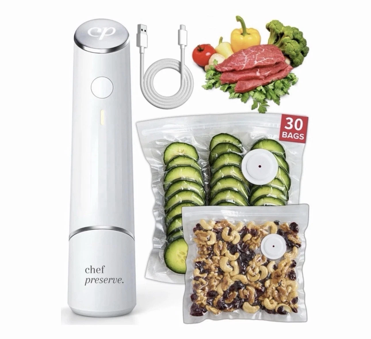 Chef Preserve Compact Vacuum Sealer for Food. Machine +20 Reusable Bags MSRP$109