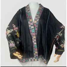 Johnny Was Sz L Embroidered Kimono Jacket Black Floral Bohemian Open Front