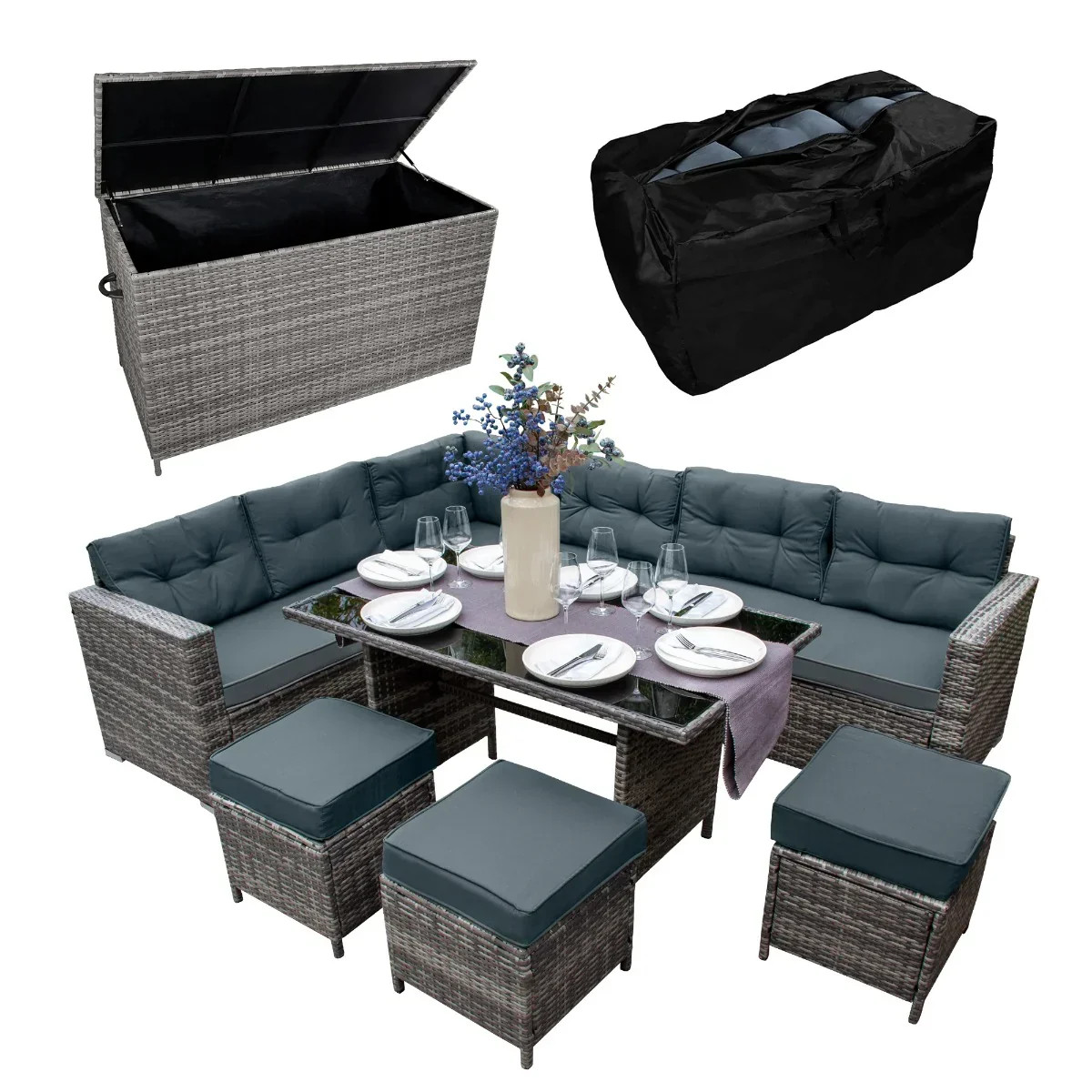 Rattan Corner Dining Set & Garden Storage Box Grey 9-Seater L
