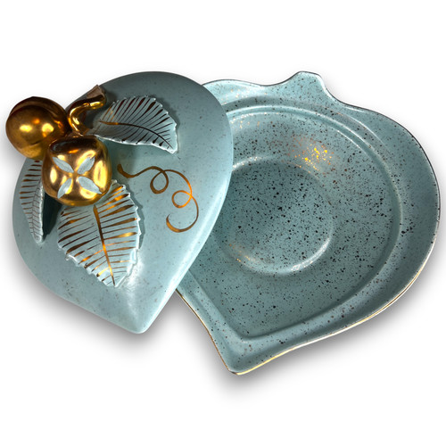 Vintage Vee Jackson Heart Dish w Lid MCM Green Gold Speckle Arizona