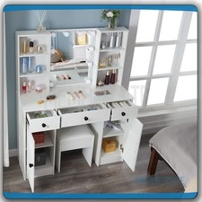 Vanity Table Set With LED Lights Mirror And Stool 6 Shelves Makeup Dressing Desk