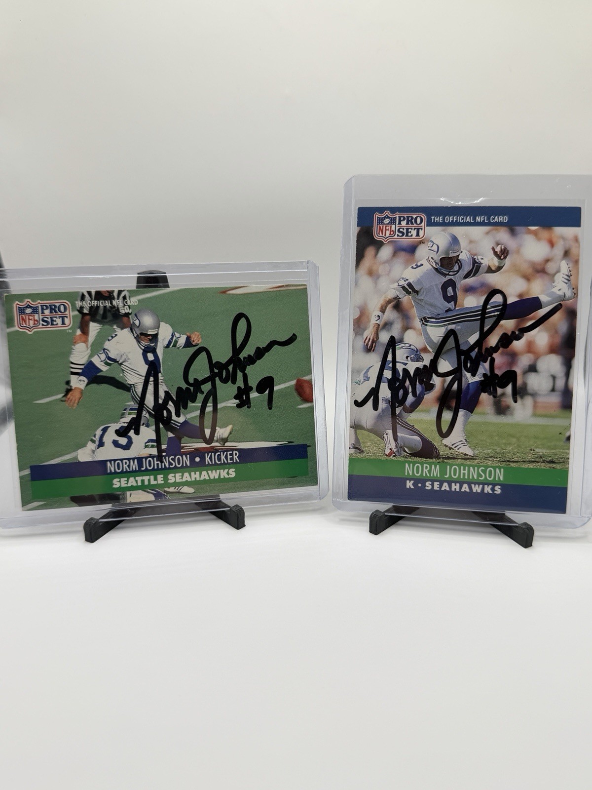 Norm Johnson Signed Auto 2 Card Lot 1990 & 1991 Pro Set Seattle Seahawks Kicker