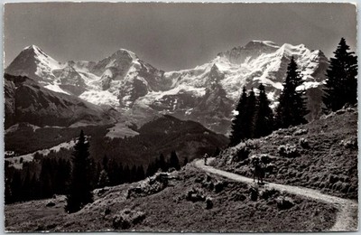 Murren Switzerland Eiger Monch Jungfrau Snowy Mountains Trail RPPC Postcard