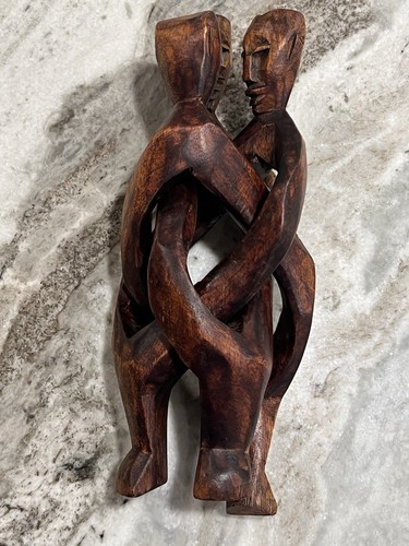 Vintage Afrikanische Holz handgeschnitzt 3 Mann Einheit Skulptur Verriegelung Kunst Pflanzenständer - Bild 13 von 19