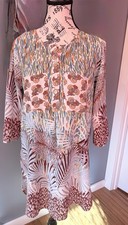 Multicolor Floral Button Knee Length Shift Dress Round Neck 3/4 Sleeve Women