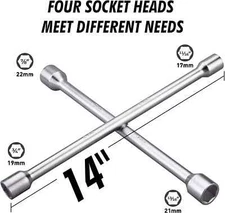 ⭐ Heavy Duty 14-Inch Universal 4-Way Tire Iron Wheel Lug Nut Wrench Tool Silver