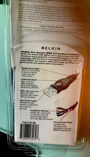 BELKIN USB 2 High Speed 2.0 Cable 16 ft / 5m A Plug /B Plug 480 Mbps-- New! - Picture 3 of 6