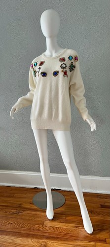 Vintage 80s White Bejeweled ANGORA Oversized WOOL Sweater Top M/L - Picture 4 of 15
