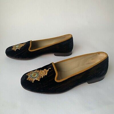Stubbs and Wootton Slippers 6 Brown Velvet Gold Crown Crest Stubbs and Wootton Slippers 6 Brown Velvet Gold Crown Crest