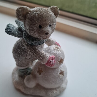 Cherished Teddy Light Up Ornament Figur Building A Snowman Pastell Vintage Batterie