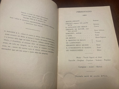 1893 Manon Lescaut Dramma Lirico In Quattro Atti Opera In Four Acts + Broadside! - Picture 5 of 12