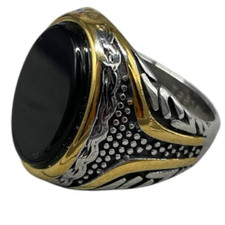 ANELLO PIETRA NERA OVALE ONICE LISCIO COLORE ARGENTO E ORO UOMO IN ACCIAIO INOX.