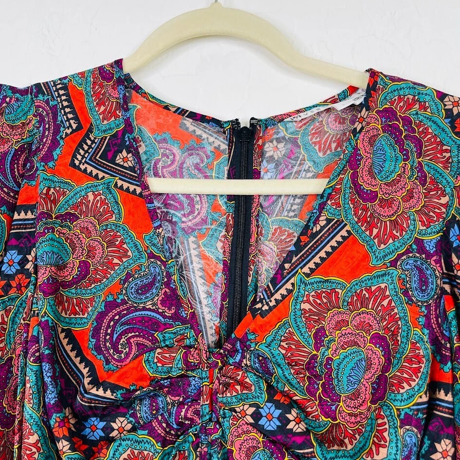 Blusa de seda Veronica Barba Mujer XS Talla 2 Top Botón Floral Paisley Manga abullonada Foto 3 de 4