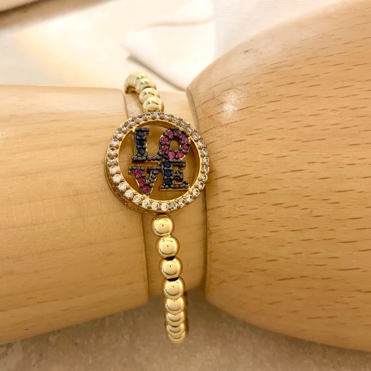 3mm Ball stretch bracelet stackable LOVE 14k gold plated good vibe lucky