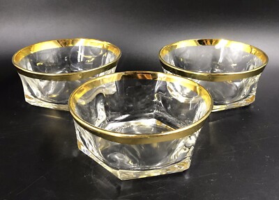 3 Vintage Cellini Blown Crystal 24K Gold Rim Bowls