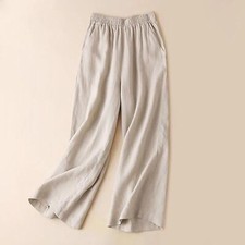 Womens Linen Pants Wide Leg Cropped Pants Elastic Waist Linen Summer Trousers