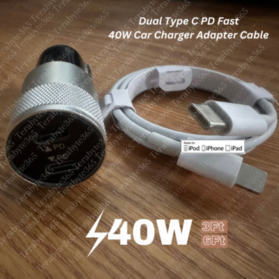 Dual Type C 40W Car Charger Adapter PD Fast Cable For iPhone 14 13 12 11 Pro Max