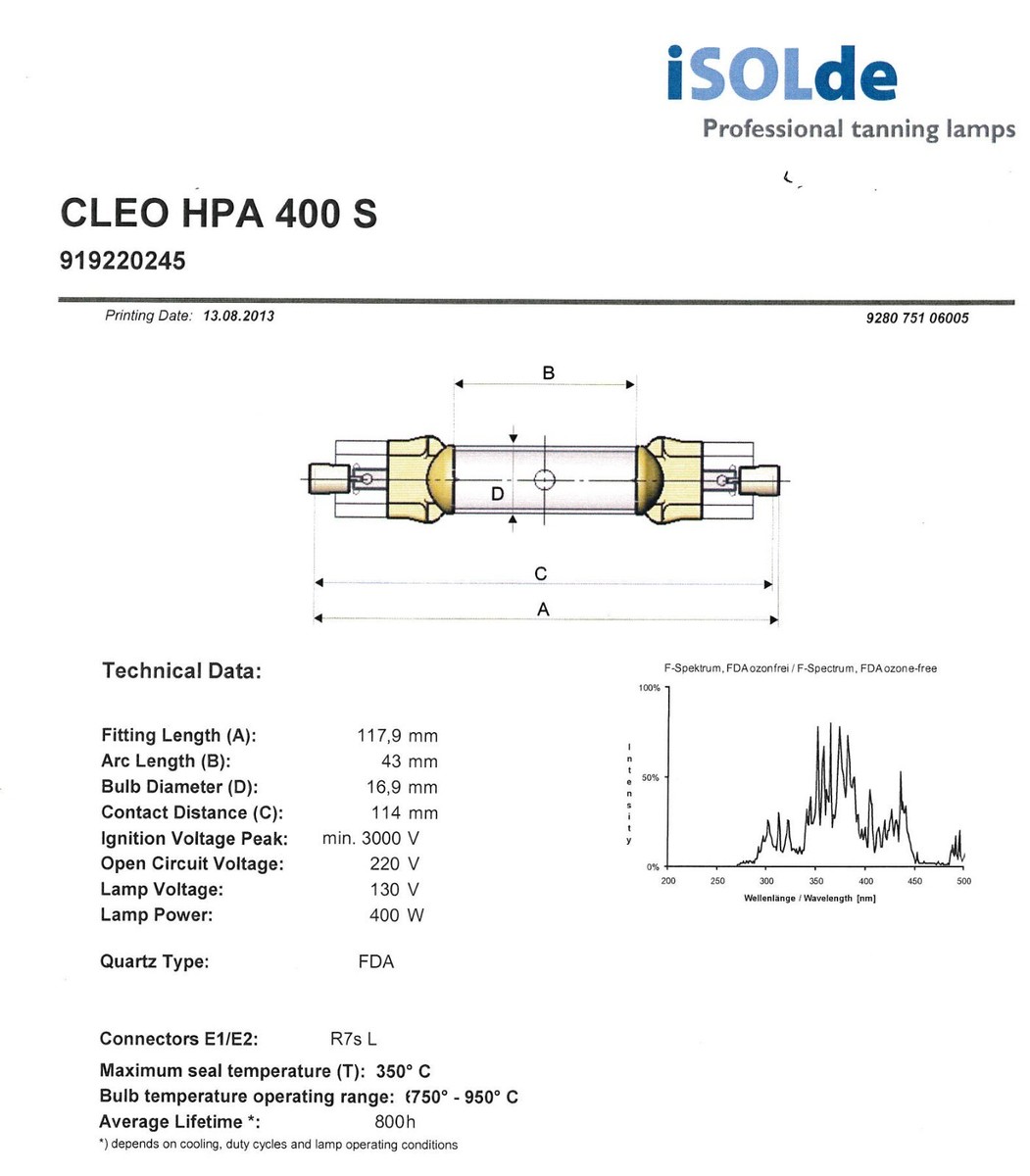 Cleo HPA 400S HPA400S UV Lamp Tanning Metal Halide Tube 400W