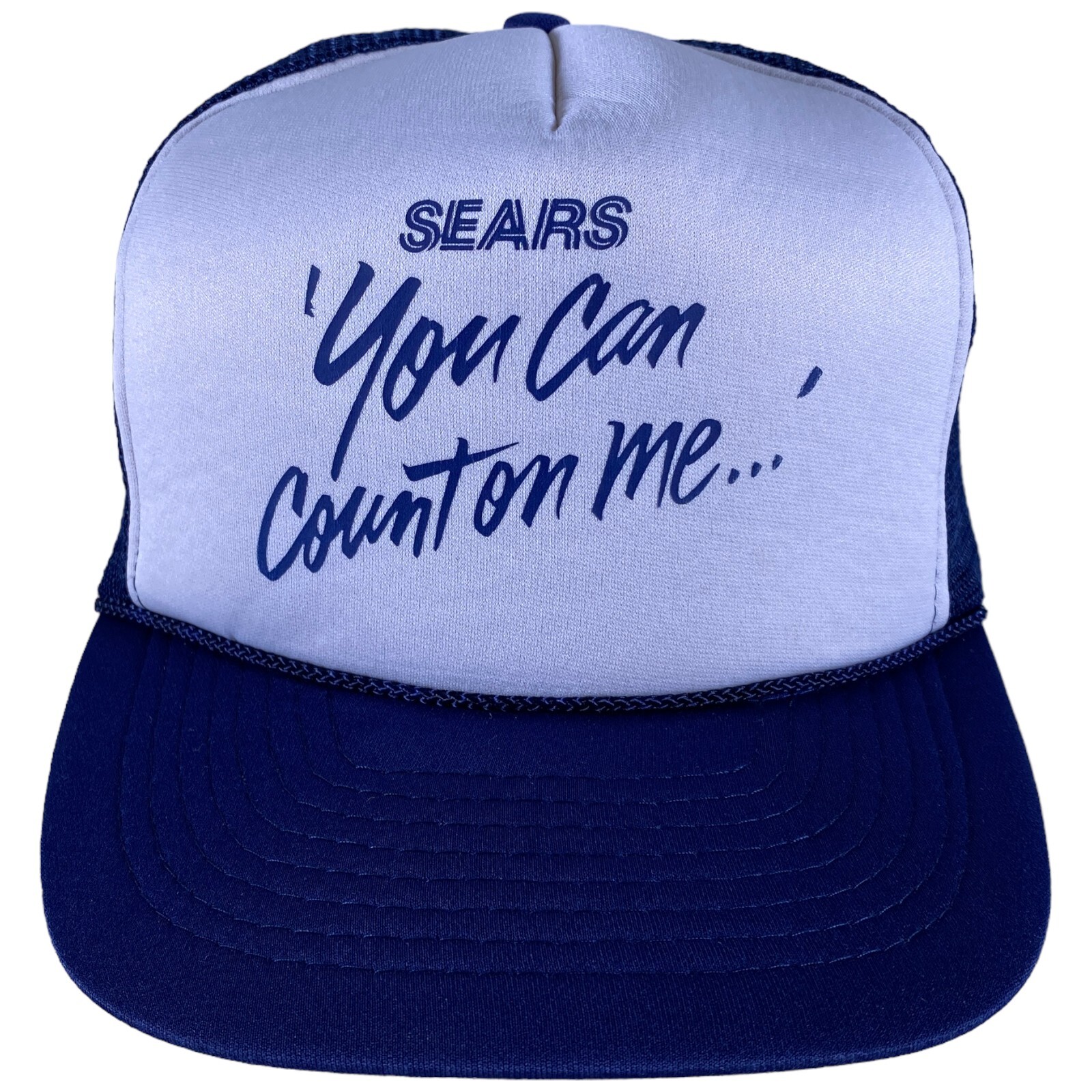 Sears You Can Count On Me Vintage Trucker Snapback Mesh Hat Blue White Cap NOS