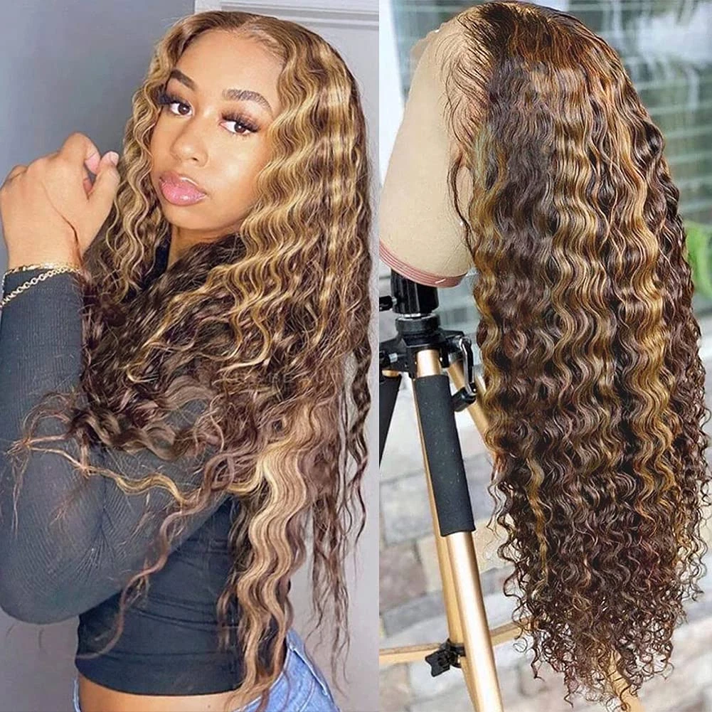 Honey Blonde Lace Front Wigs Human Hair Pre Plucked 4/27 Ombre Highlight HD  Lace