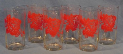 Set 6 Vintage MCM (Mid Century Modern) Red Rose Drinking Glasses, Indiana Glass