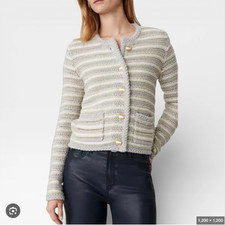 Ann Taylor Tweed Jacket Neutral Stripe Gold Button Chanel Style Size S