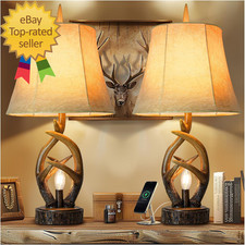 Rustic Farmhouse Antlers Bedside Table Lamp Set of 2 with Nightlight Dual USB Po