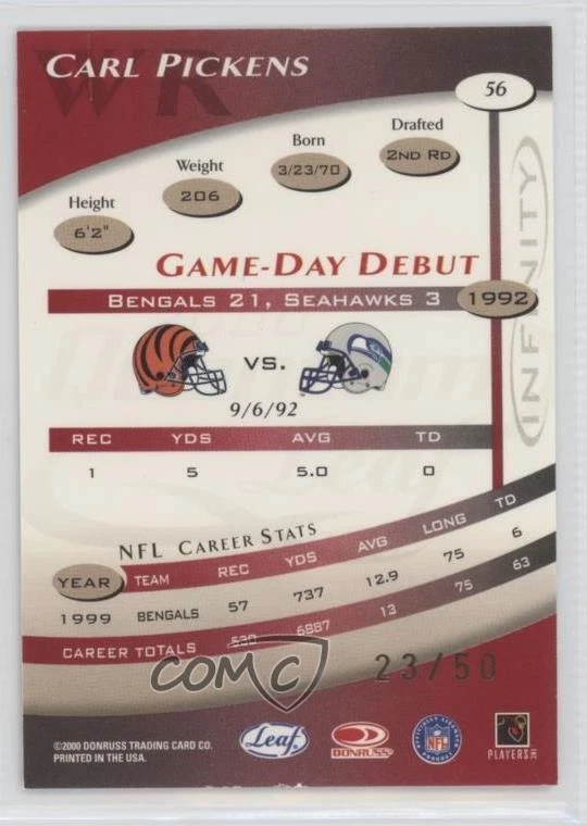 2000 Quantum Leaf Infinity Red /50 Carl Pickens #56 - Image 2 of 2