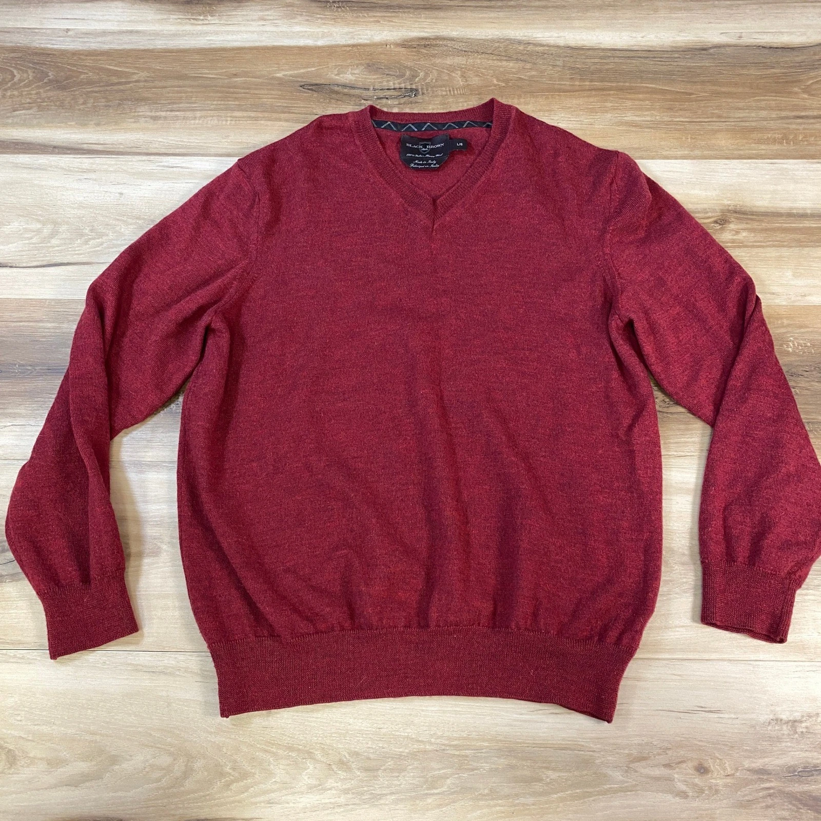 Black Brown 1826 Sweater Men L Merino Wool V-Neck Burgundy Italy Minimalist