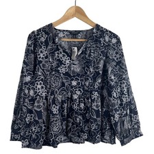 Banana Republic Womens XS Navy Blue Floral Cotton Puff Sleeve Blouse New w Tag