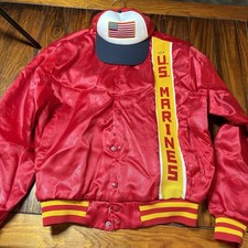 Vtg 80  s Swingster U.S. Marines Snap Up Satin Bomber Varsity Jacket  Hat ACK