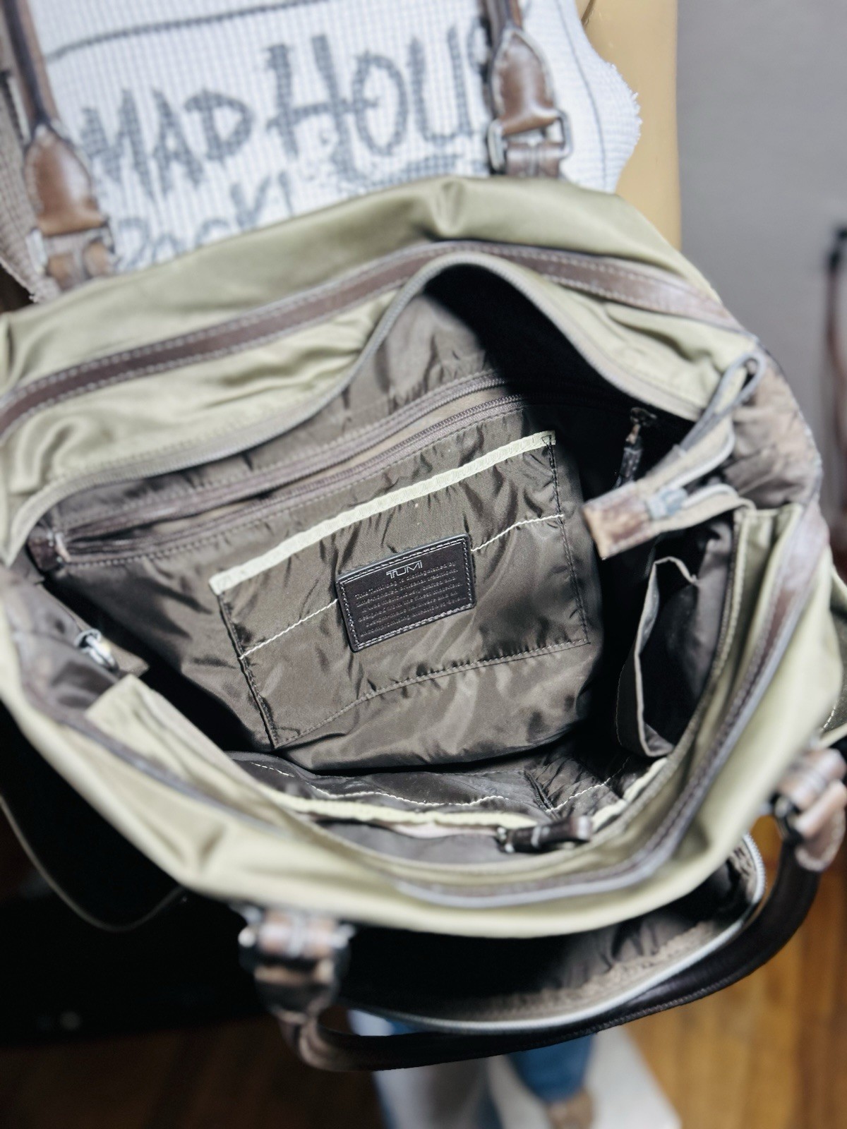 TUMI SM3 Men's Shoulder Tote Bag Nylon Sage Green Logo Plate