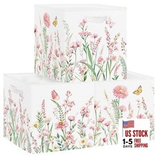 Pink Wild Flower Kid Storage Basket Set Spring Butterfly Plants Foldable