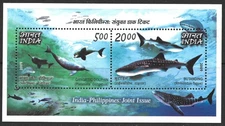 India 2009.  Fauna. Marin Life.  Sharks. Dolphins. S/S of 2 Sc# 2644a, MNH 