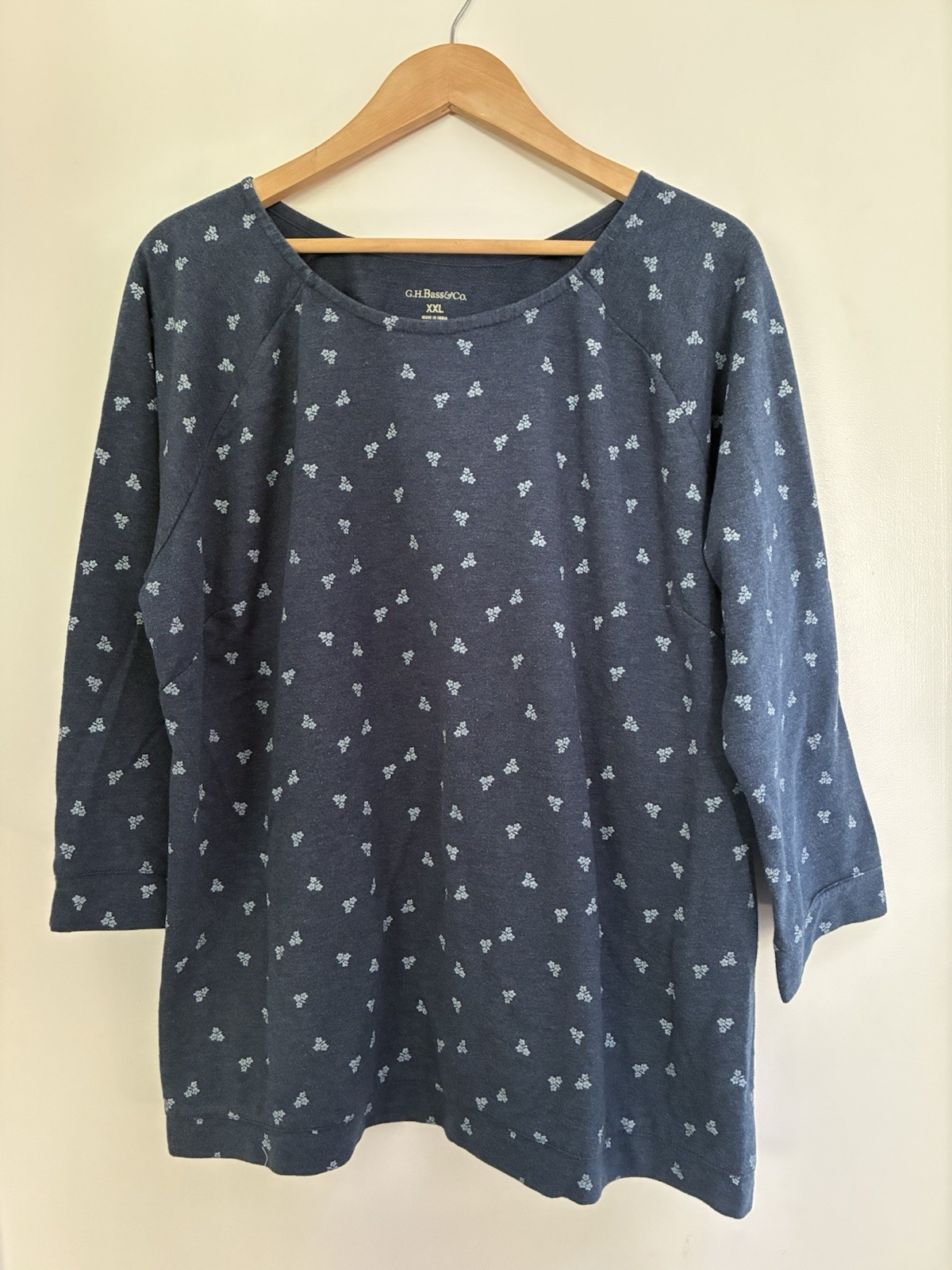 G.H. Bass&Co Women's Floral Cotton Blend Round Neck 3/4 Sleeve Shirt Navy XXL