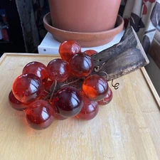 Lucite Acrylic Grape Cluster on Wood Vintage MCM Red Orange Reactive Glow