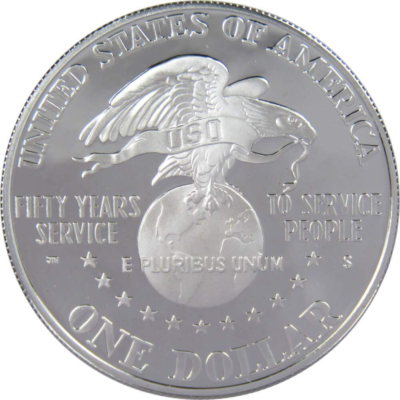 USO 50Th Anniversary Commemorative 1991 S 90% Silver Dollar Proof