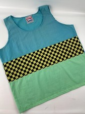 Vintage Gitano Neon Tank Checks 80-90s Skater Large Color Block Turquoise